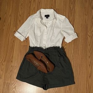 White button up Shirt, Green Shorts